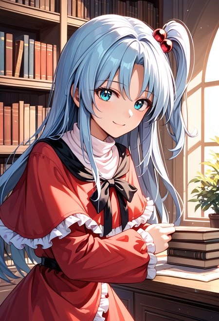 score_9_up, score_8_up, score_7_up, BREAK source_anime, (masterpiece), (best quality), 1girl, shinki (touhou), long hair, hair bobbles, mansion, cyan colored eye, bookshelf, hair ornament, one side up, red dress, red capelet, long sleeves, looking at viewer, slightly smile, closeup upper body, (ultra detailed), shine, sunlight, (from front:0.6),  <lora:Shinki_touhou(PC-98)-V1:1>
