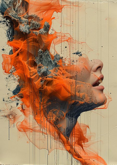 painting of a woman with orange and black paint on her face ,fractal exploding tint splash style, by Alberto Seveso, inspired by Alberto Seveso, inspired by Mike Winkelmann, by Kurt Roesch, beautiful digital artwork, inspired by Darek Zabrocki, incredible digital art, inspiring digital art, stunning digital illustration