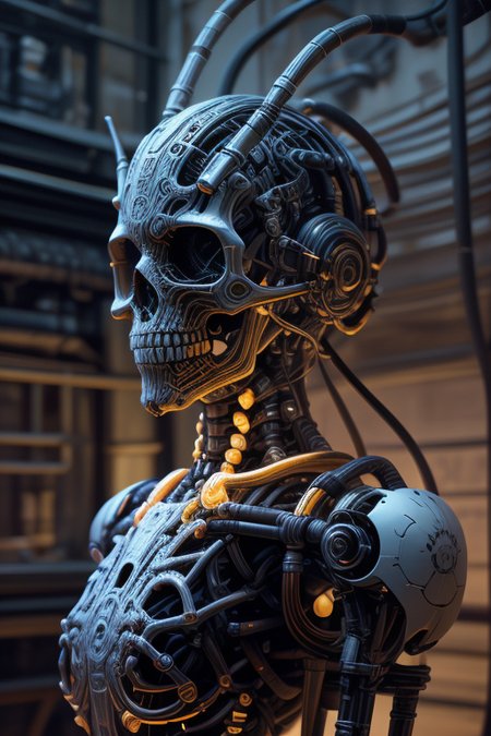 cybernetic robot masterpiece,best quality,absurdres,high details,8K,photorealistic,at distance,cowboy shot,1girl,<lora:epoxy_skull:1>,epoxy_skull,skull mask,<lora:Concept_-_Hella-sthetic_v2:0.7>, . android, AI, machine, metal, wires, tech, futuristic, highly detailed