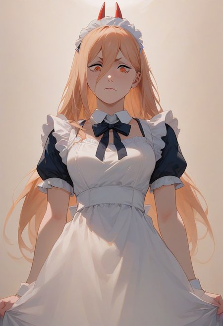 score_9, score_8_up, score_7_up, score_6_up, 1girl, Power_(Chainsaw_Man), nice face, pretty eyes, medium breasts, normal body, maid, sexual maid dress, white stokings, arms spread out to the sides in displeasure, displeased look, stand in hall, fullbody shot, view 3/4