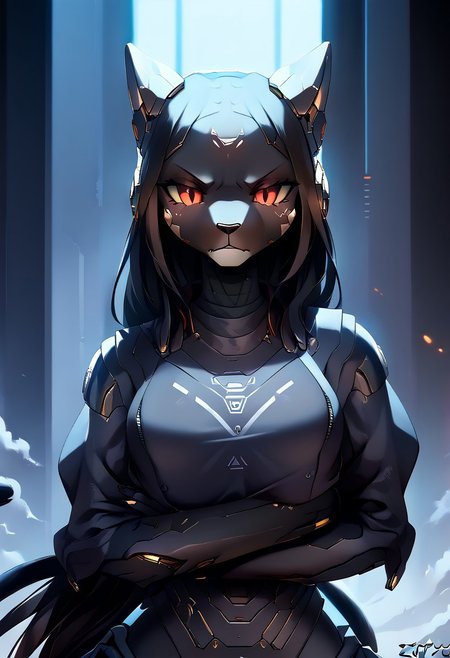 masterpiece, score_9, score_8_up, score_7_up, score_6_up, (by zinfyu), dark atmosphere, emotional depth, cinematic lighting, hyper-detailed, mcnm, source_furry, anthro, furry, 1girl, mechanical Khamira, mech black hair, feline, detailed face, detailed eyes, black fur, cyborg red eyes, ((crossed arms)), cyber cat tail, glowing animal ears, angry, dim dramatic lighting, dark and moody background, emotional and detailed composition, subtle glow in the eyes, hair slightly disheveled, detailed textures and fur