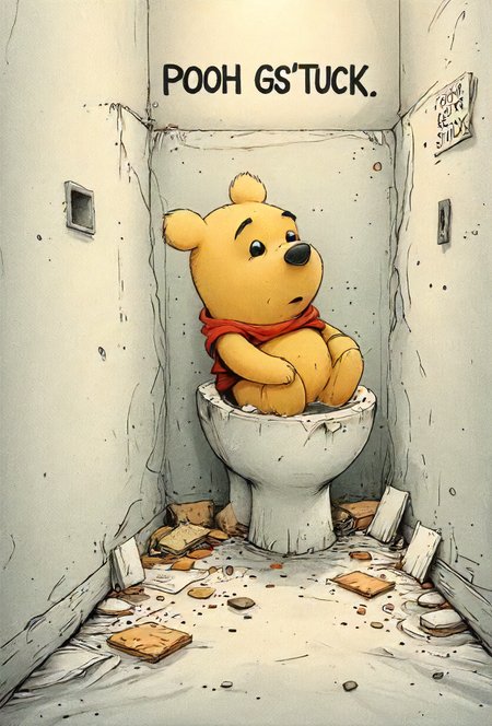 book cover title "Pooh Gets Stuck", toilet, detailed, 8k, <lora:cinexart:0.5>, <lora:wizards_vintage_romance:0.6>, <lora:Harrlogos_v1.1:0.8>, <lora:- SDXL - vanta-black_contrast_V3.0:0.4> <lora:Wizards_MACHINALIA__Things_Come_Alive_:0.2>  <lora:lora:0.8>  <lora:Street_Art:0.8> <lora:artfullyQUILLED_SDXL_V1:0.8>  <lora:SDXL_feelings_Sa_May:0.8> Feelings