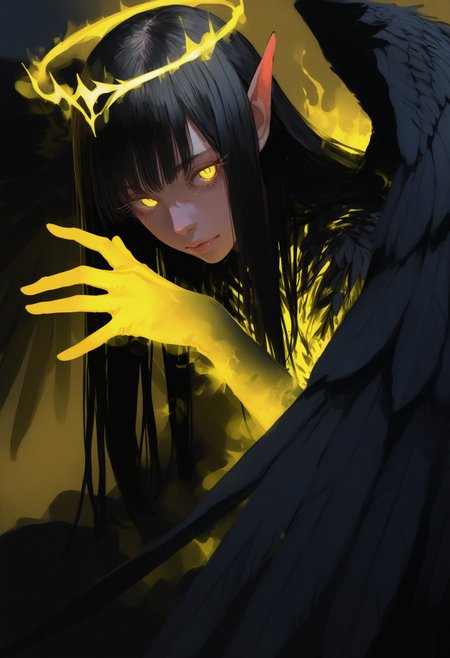 (by maegami /(daisuki oekaki1/):1.3), (by 96yottea:1.1), painterly, (by misawa hiroshi:0.8), film grain, cinematic, (limited palette:1.2), realistic, nose, lips,
masterpiece, best quality, amazing quality, very aesthetic,
(glowing yellow aura:1.1) theme, (dynamic pose:1.2), glowing yellow arms, 
aurel crown, 1girl, black hair, straight hair,  sideways glance, staring, glowing yellow eyes, slit pupils, thick eyelashes, long eyelashes, glowing halo, winged halo, elf ears, glowing clothes, glowing eyes,
black feathers, feathered wings,
detailed background, glowing theme,
<lora:nhl-001-20:0.75> nhl-001