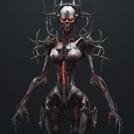 imagine a super detailed image of a hellish demonic female cyborg, full-body view, high angle shot