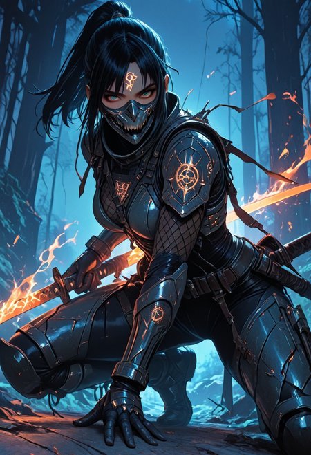 (masterpiece), (best quality), (8k), 1girl, cinematic lighting, dynamic action pose, highres, very detailed, amazing quality, masterpiece, fujimoto_tatsuki, fujimoto_tatsuki_(style), 
very aesthetic, intense,
particle effect,
1girl, shadowheart, samurai, solo, layered samurai armor, engraved, bodysuit, tight clothing, fishnets, sleeveless, futuristic armor, runic symbols etched in armor, armored legs, full mask, halfmask, flaming katana, 
assassin theme, japan theme,
looking at viewer, tough pose,
mountains, 
at night, night, close up, closeup,