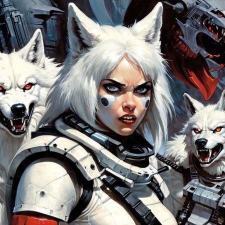 Photorealistic art of a wolf girl dressed in adventuring gear with a white wolf in the background, clean face, wisosdxl, wolf, snarl, snarling, ears back, ears forward, intense gaze,   create a sense of detailed, abstract, trippy, 60s style,  black, white, basilwolverton style, grotesque, spaghetti hair, bulging eyes, skin folds, veins, large teeth, bloodshot eyes, mad-stpk-ggls, mad-stpk-flcp, mad-stpk-ht, mad-mecharm, John Berkey Style page, KIRIGAMI page, linquivera, liiv1, g1g3r