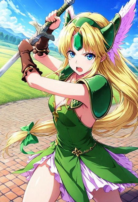 general,highres, ultra-detailed,very aesthetic,best quality ,best hands,best eyes,easynegative,
dynamic anglre, dutch angle, anime cloring,
1girl solo,looking at viewer,outdoors,meadow,sword, holding sword, fighting, 
Riesz,blonde_hair ,long_hair, blue_eyes, hair_ornament,dress,armor,