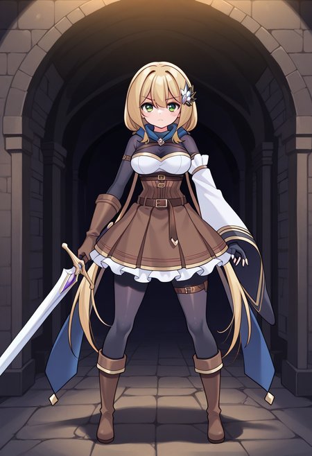 1girl, solo, chanyuusha, blonde hair, low twintails, very long hair, hair ornament, green eyes, scarf, medium breasts, bodysuit, arm strap, thigh strap, frilled dress, corset, single detached sleeve, single glove, single fingerless gloves, mismatched gloves, belt, boots, sword, holding sword, serious, indoors, underground, dungeon, straight-on, looking at viewer,
