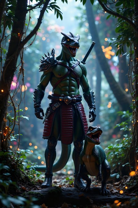 A hyper-realistic portrait, photorealistic photo close-up image of A fearsome raptor samurai, a humanoid male with scaly, green skin and reptilian yellow eyes, stands in the middle of a twisted jungle where the trees have mechanical limbs and metal vines. His sleek, muscular frame is covered in dark red, leather armor, with long talons extending from his fingers. His head is crowned with a spiky helmet, and his katana, crafted from the bones of ancient predators, glints in the strange, bioluminescent light. His companion is a small, velociraptor with a silver exoskeleton, perched obediently at his feet, its bright blue eyes watching for danger. The jungle around them glows with neon flora, and towering robotic trees bend unnaturally toward the sky. The samuraiâs long tail whips behind him, ready for combat, and his sharp-toothed snarl reveals his primal fury. The air is thick with strange, humming insects and the scent of mechanical oil, a mix of natural and artificial elements clashing in a world unlike any other.(photography, high-resolution, dynamic, energetic,hyper-realistic, dramatic lighting, shallow depth of field.)<lora:aidmaMJ6.1-FLUX-V0.1:0.6><lora:Movie_Portrait><lora:Flux DetailerV2>