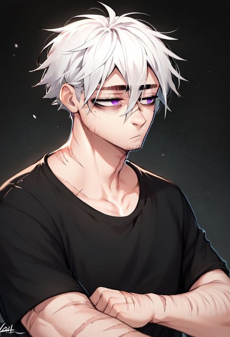 (((beautiful, high quality))), upper body, score_9, score_8_up, score_7_up, solo,
LomArtStyle,
long stature, muscles, Adult male, purple eyes, tired look, bags under the eyes, thick black eyebrows, white hair, stubble, black T-shirt, scars,
Dark background,