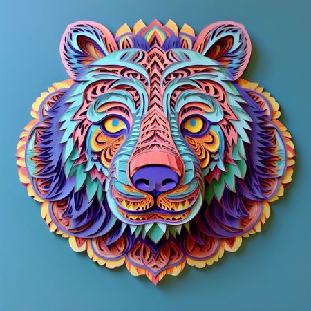 Mandala style, Paper art, tiger head, medium stylized pattern, colored