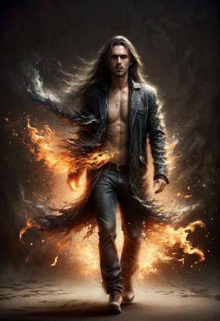 ral-dissolve, a man walks out of the flames, long hair, fluttering jacket, long tongues of flame, mystical dark mood, ral-vlntxplzn