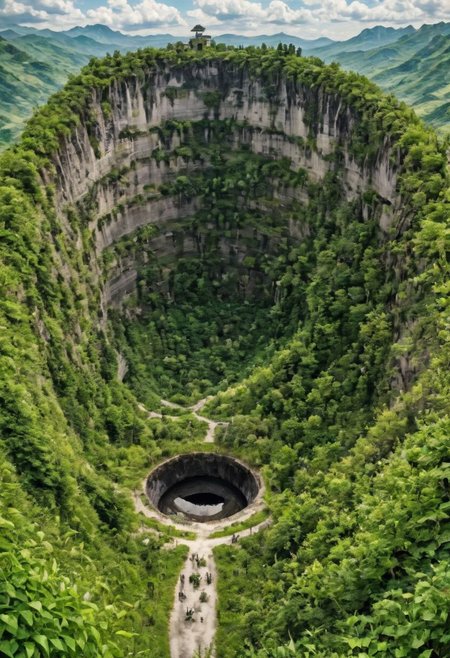 arafed view of a large crater with a walkway in the middle, real life totoro, beautiful hd, everything enclosed in a circle, hou china, pacal votan, looming over the earth, well - decorated, huge black round hole, ivy, solar, <hd, ad, top