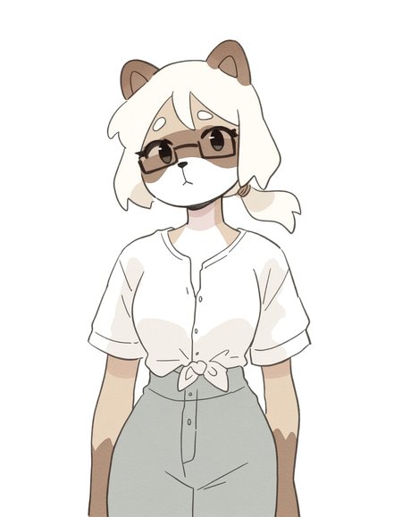 watercolor, colored outlines, 

1girl, solo, furry, anthro raccoon girl, almond-shaped eyes, hazel eyes, (square glasses:1.15), straight blonde hair, long ponytail, (button-up shirt:1.35), 