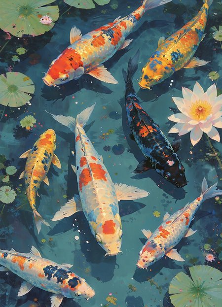 qiu_blue, A artistic painting with blue and white tine. A top down view of a pond filled with  koi fish. Colorful koi fish swim while lotus, lily pad and duckweed float on the pond. Each koi fish has distinct and  aesthetically pleasing patterns, such as white-skinned koi, with large red markings on the top, black koi with red and white markings, and yellow koi with white and black markings.