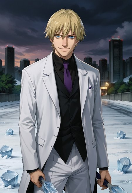 source_anime, D4RK3RTH4NBL4CK, DTB_Style, (XXX Rating), ((score_9)),score_8_up,score_7_up,score_6_up,score_5_up,score_4_up, retro_artstyle, anime style, 1boy, adult male,solo, solo focus, (november_11_(darker_than_black):1.3), suit, necktie, blonde hair, blue eyes, (long_sleeves, white pants, white suit), (smile), holding weapon, ice_spike, ice, frost, icy, looking at viewer, facing viewer, smirk, masterpiece, best quality, highres, best illumination, depth of field, Artist style:komori_takahiro, public indecency, urban, cloudy, night, cityscape background,  outdoors,