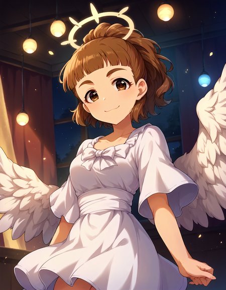 score_9,score_8_up,score_7_up,1girl,solo,cowboy shot,looking at viewer,smile,closed mouth,indoors,stage lights,
<lora:oonishiyuriko_ponyXLV6:0.8>,cgoyr,brown hair,ponytail,blunt bangs,thick eyebrows,brown eyes,
angel,halo