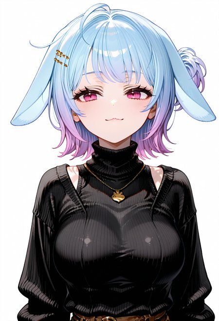 <lora:HandFixer_pdxl_Incrs_v1:1>, <lora:ê·¸ë¦¼ë³´ì  ìì ê¸°:0.5>,  <lora:ê·¸ë¦¼ë³´ì  ponyv6_noobV1_2_adamW-000017:1>, <lora:add-detail-xl:1.5>, <lora:ê·¸ë¦¼ë³´ì  ìì¸íë:1>, <lora:NOOB_EPSv1_1_detailer_by_vlnvk_v1_0:1.5>, <lora:NoobV065sHyperDmd:1>, (nsfw), 
masterpiece, best quality, amazing quality, distinct, super_detail, very aesthetic, absurdres, highly detailed, Illustration, modare, year 2023, year 2024, 1girl, solo, 
<lora:ìºë¦­í°_ì·¨ë¥ë¥_v2:1>, kimota_cnn, blue_hair, purple hair, gradient hair, multicolored hair, pink eyes, ahoge, animal_ears, bunny_ears, rabbit girl, multicolored_hair, large_breasts, short_hair, one side up, bangs, :3, hair ornament, hairclip, necklace, jewelry, sweater, black sweater, turtleneck, 
mika pikazo \(style\), ningen mame, ciloranko, ask (askzy), ratatatat74, nyalia, 
masterpiece, best quality, amazing quality, distinct, super_detail, very aesthetic, absurdres, highly detailed, Illustration, modare, year 2023, year 2024,