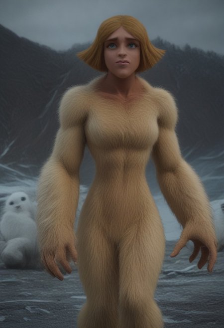@brtlmss1, tall, muscular, thick limbs, large (kala:0.3) source_cartoon, cartoon_source, dark skin, yeti, bigsquatch, clover \(totally spies\), blonde hair, short hair, blue eye, on a mountain, blonde fur, female bigfoot, sasquatch, looking at viewer, breasts, sad gaze, detailed face, hairy body, detailed eyes, (detailed hands), detailed fingers, Shallow Depth of Field, hairy, FURRY BODY, yeti, (abominable snowman),  very big feet,  beard, covered in yellow fur,