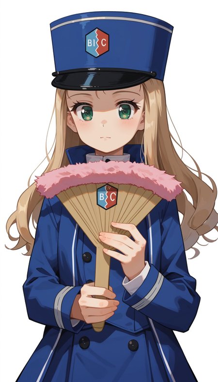 score_9, score_8_up, score_7_up, score_6_up, , solo, 20yo woman, (Beuty:1.1) , (cute:1.3)
<lora:GUPMarie:1>,AAMarie, bc freedom (emblem), 1girl, bc freedom military uniform, marie (girls und panzer), long hair, military hat, blonde hair, green eyes, blue vest, hand fan, kepi, blue jacket, high collar, white background, holding fan, simple background, long sleeves, blue headwear, closed mouth, white shirt, upper body, folding fan, dress shirt,