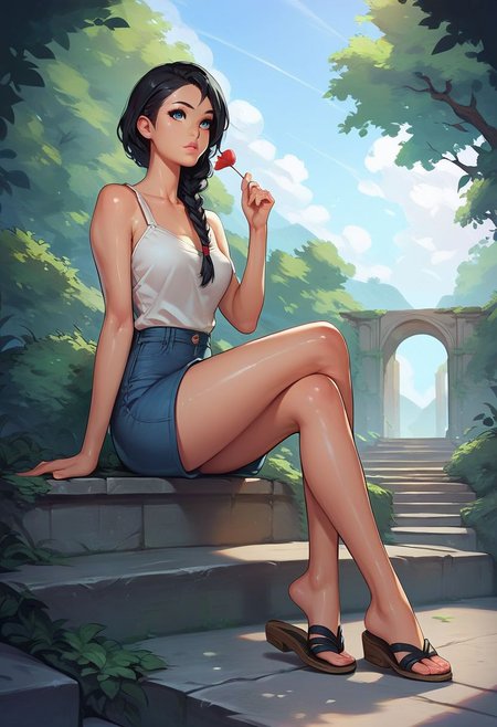 score_9, score_8_up, score_7_up, score_6_up,
rating_questionable, 
1girl, ((18YO:1.2)), Adult, full lips,  big clear eyes, blue eyes, ((black hair:1)), (single braid: 1.2),  
shiny skin,
sitting, on stone stairs, casual, outside, ((shoe dangle:1.2)), no socks, sandals,