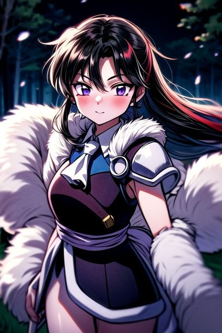 masterpiece,  best quality 1girl Setsun4 solo long hair,  (night time) forest background black hair very long hair purple eyes multicolored hair armor (fur trim) (medium body),<lora:EMS-179-EMS:0.800000>,<lora:EMS-293862-EMS:0.800000> bow, hair_bow, hair_tubes, red_bow, brown_hair, long_hair, bangs, ascot, frilled_bow, yellow_ascot, blush, smile, hair_between_eyes, athletic, armor, miko