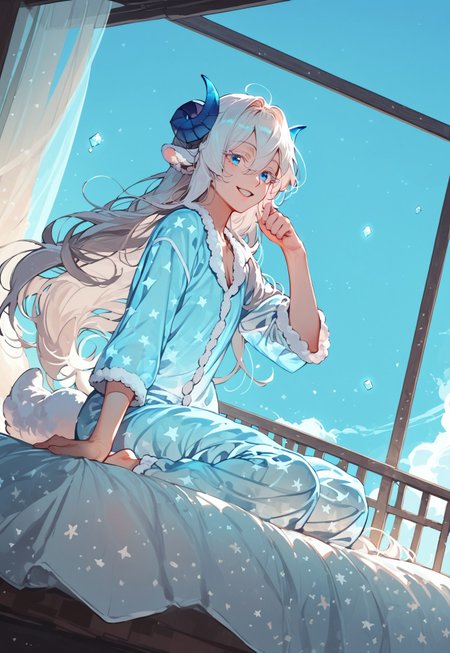score_9, score_8_up, score_7_up, anime, best quality, 1boy, white hair, sky blue eyes, long eyelashes, white eyelashes, light skin, perfect face, small, hair between the eyes, side-parted hair, small crystal horns, sky blue horns, fluffy sheep ears, white sheep ears, long tail, long dragon tail, long hair, flat chested
,
, 
dynamic pose, expressive, dynamic pose, dynamic angle, volumetric lighting, cinematic lighting,
,
,
full body, happy, spring, full body, transparent pajamas, bed, sitting,
