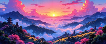 A breathtaking watercolor mountainside sunset where vibrant magenta and amber hues bleed into cerulean skies. Silhouetted pagodas and cherry blossom trees dot the mid-ground against dramatic cumulus formations tinged with gold. The atmosphere is thick with luminous particles, creating a misty ethereal quality that softens edges. Rice terraces cascade down the foreground slopes, their water-filled surfaces perfectly mirroring the spectral light display above. Traditional ink-wash technique blends with contemporary color theory, capturing that magical blue hour transition. Distant temple bells seem to echo across the valley as lanterns begin to glow. 8K ultra-detailed brushwork reveals intricate cloud textures and light diffraction patterns through moisture-laden air, evoking profound serenity and contemplative wonder. <lora:sxz-Dark-Fantasy-v2-Flux:0.3> <lora:CPA:0.3> <lora:Classic_Anime_Colors:0.5> <lora:flux_dev:1>