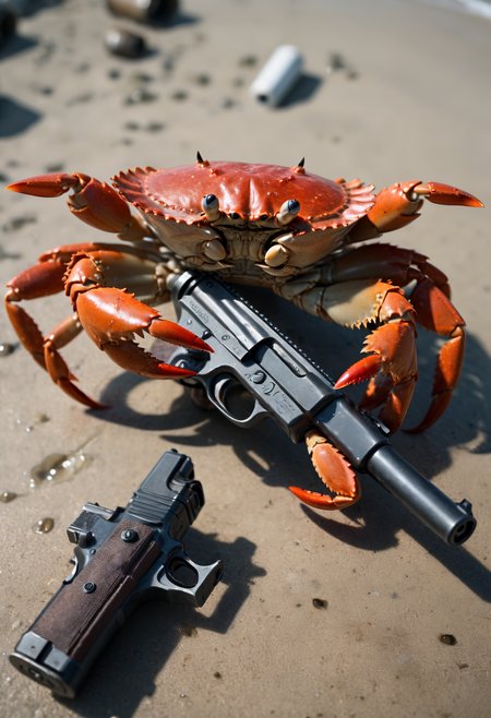 a crab holding a gun, pov, from above, attacking viewer, pointing gun at viewer,