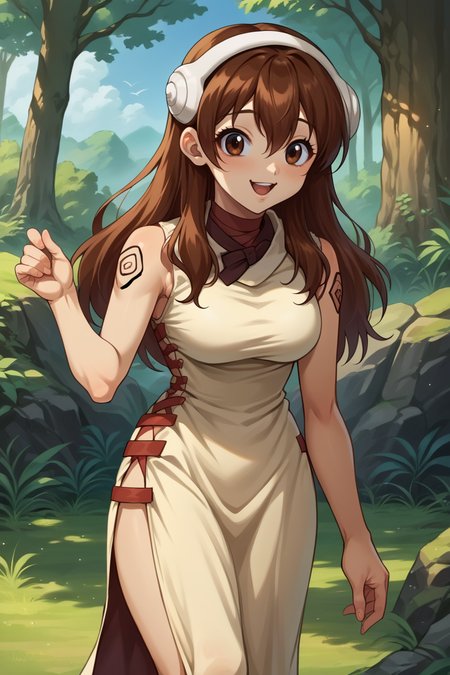 score_9, score_8_up, score_7_up, score_6_up, source_anime, BREAK 1girl, solo,  <lora:dsyuzu-pdxl-nvwls-v1-000005:1> dsyuzu, brown hair, brown eyes, headphones, long hair, red choker, beige dress, sleeveless, tattoo, looking at you, happy, looking at you, side slit, forest, blue sky