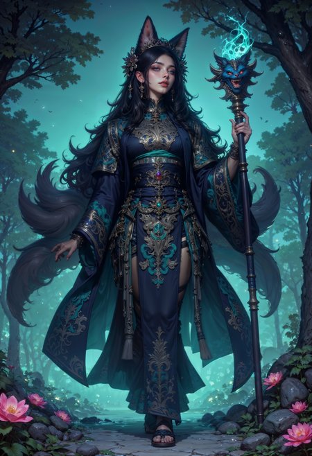 A mystical shrine maiden bound to the spirits of twilight, the Shadowed Foxfire Priestess walks the sacred path beneath a canopy of endless night. Her flowing kimono, dark as the abyss yet shimmering with spectral blue wisps, shifts like liquid shadow. Her nine fox tails, tipped with flickering ghost-light, sway in mesmerizing patterns as she moves. A lacquered mask, half-lifted, reveals lips painted in deep crimson and eyes alight with otherworldly wisdom. She holds a staff crowned with a jade fox carving, its mouth exhaling trails of ethereal fire. Each step she takes leaves glowing lotus blooms in her wake, marking the passage of a spirit that dances between the realms.