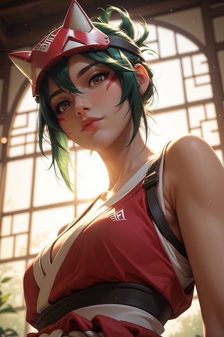 score_9, score_8_up, score_7_up, score_6_up
<lora:OKiriko:0.8>
OKiriko, 1girl, green hair, brown eyes, fox mask, facial marks, from below, rim lighting, backlighting, lens flare