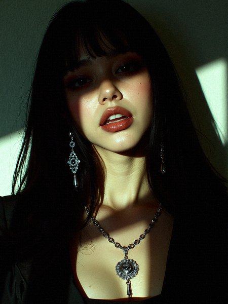 Woman in extreme Dramatic Shadow with a Bold Look, Mysterious Oriental Beauty, crystal earrings, silver necklace, 

Extreme emphasize on photorealistic, realistic detail, realistic reflection detail and realistic background detail. 















