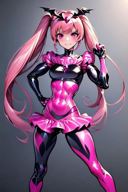1girl, solo, Bad_End_Precure, Bad_End_Happy, muscular female with abs and thick thighs, pink hair, pink eyes, frilly bodysuit, latex, standing, fighting, fly, magic, masterpiece, cure_happy, red gems