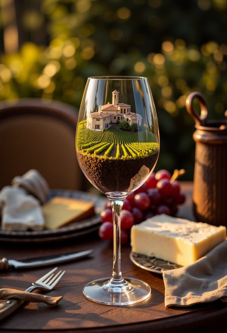 A close up detailed photo of a wine glass siting on a rustic table at a farmhouse in Tuscany, inside of the wine glass is another world and a miniature vineyard and Tuscan villa, on the table next to the glass are some grapes an ornate plate a (straight knife) a cloth napkin and some cheese, warmly backlit, aidmaHyperrealism, <lora:aidmaHyperrealismv0.3:0.8> <lora:FluxDFaeTasticDetails:0.8>