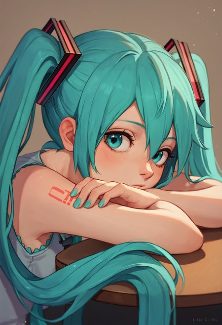 score_9, score_8_up, score_7_up, 1girl, head rest arm rest, hatsune miku
<lora:head_rest_arm_rest_pony_1:1>