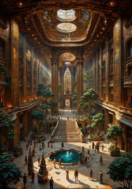Grand interior space melding classic historic elegance with modern minimalism and futuristic sci-fi accents, vibrant natural eco-friendly elements, and surreal alien influences. Intricate spatial arrangement with layered textures, ambient lighting, reflective surfaces, and bold geometric accents creating a masterpiece 8k quality scene. Ornate wooden beams juxtaposed with sleek metallic curves, delicate natural stone, and lush green vertical gardens. A harmonious fusion of antique charm and avant-garde innovation, showcasing radiant stained glass, intricate detailing, and ambient glows. Eclectic mix of decorative art, cultural heritage motifs, and modern clean lines forming a vibrant, unexpected narrative of timeless and contemporary design. <lora:artisketchyfs-v02:0.2> <lora:Organic Sauce - FLUX:0.8> <lora:VividMidjourneymimic-Flux_v1.0:0.2> <lora:flux.1_lora_flyway_Epic-detail_v2:0.6> <lora:flux_hyperkraximalism-balanced:0.4> <lora:flux_dev:1>