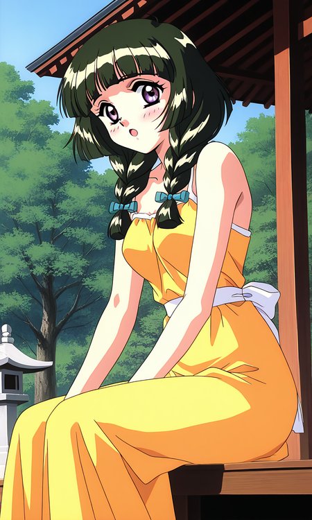general,highres, ultra-detailed,very aesthetic,best quality ,best hands,  BREAK <lora:Kamiyama_Miko_OVA_IS:1>Kamiyama_Miko_OVA, 1girl,solo, dark green hair, twin braids, blunt bangs, hair over shoulder,  purple eyes, 1990s (style), anime coloring, breasts,
solo, sitting, brown eyes, long hair, open mouth, blush, ribbon, Yellow dress, looking at viewer, hair ribbon, :oã
shrine, sky, Japan,