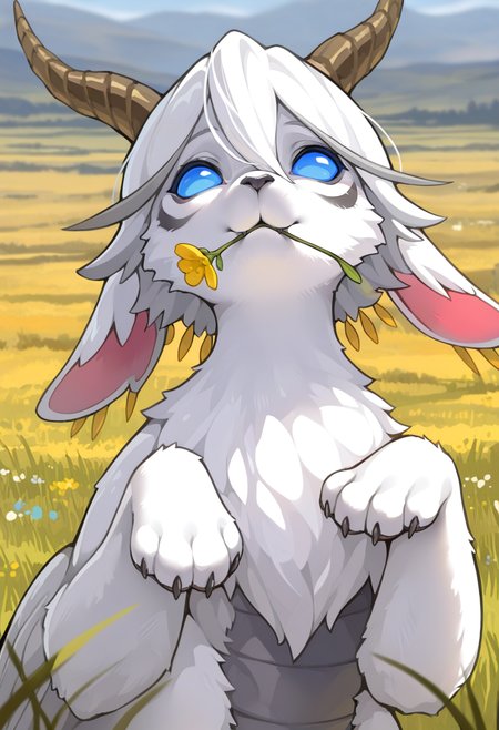 <lora:YGO_BWotDS_a1_13_NoobXL-eps:1>,<lora:EatSleep1111StyleSDXL11:0.7>,<lora:merrytailSDXLstyle:0.3>,eatsleep1111,merrytail,masterpiece,best quality,amazing quality,high quality,very aesthetic,absurdres,newest,shaded,digital media \(artwork\),depth of field,solo,ygobwotds,taur,detailed background,three-quarter view,folded wings,blue eyes,no sclera,no pupils,pose,handpaw,plains,flower in mouth,looking up at viewer,half-length portrait,belly scales,white hair,