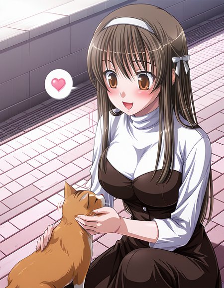 masterpiece, best quality, amazing quality, official art, ultra highres, intricate,
1girl, solo, hayashima_tsubaki, long hair, brown hair, hair ribbon, hairband, brown eyes,
dress, turtleneck, BREAK
lovestruck, happy, blush, looking at cat, spoken heart,
squatting, on one knee, Petting,
sidewalk, motion lines, highly detailed
<lora:hayashima tsubaki v1.0-000008:1>