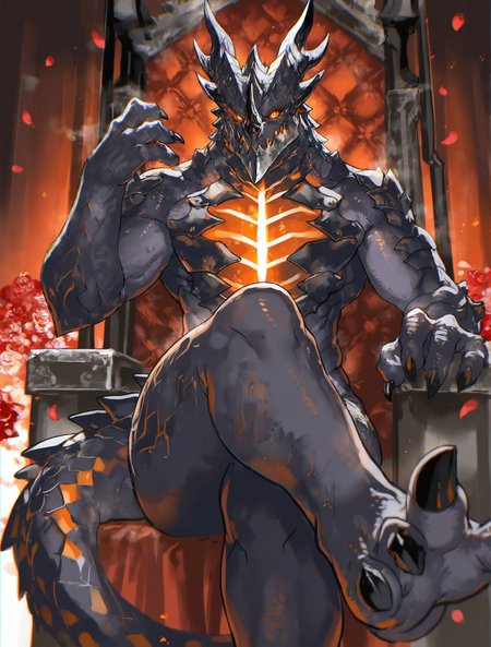 ((masterpiece, best quality)),highres,
ran'ou \(tamago no kimi\) and aoin,
solo,foot focus,foreshortening,
solo,male,furry male,1boy,deathwing,(metal jaw:1.1),big jaw,(black_scales:1.1),(black body:1.1),glowing chest crack,white chest,abs,metal chest,black belly,white jaw,dragon,black horns,claws,solo,orange eyes,glowing eyes,black nails,(4 fingers:1.1),toe_claws,(3 toes:1.1),tail,spiked_tail,
sitting,on throne,crossed legs,feet up,
looking at viewer,smug,evil smile,raised eyebrow,sweat feet,steaming body,
indoors,throne,falling petals,flower,<lora:deathwing_noob_adamw8bit-000029:lbw=deathwing>,