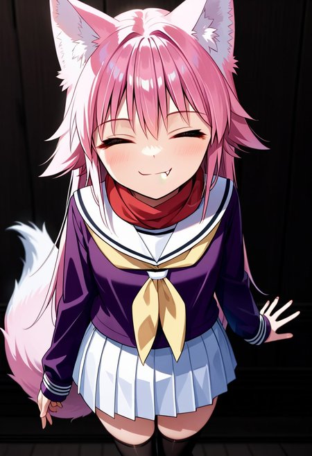 score_9, score_8_up, score_7_up, score_6_up, score_5_up, score_4_up, Lanka Ookami, wolf girl, long hair, pink hair, wolf ears, ear fluff, fluffy wolf tail, wolf tail, (orange eyes: 1.1),Skirt, School uniform, Pleated skirt, Serafuku, White skirt, Shirt, Purple shirt, Sailor collar, White Sailor collar, Long sleeves, Scarf, Yellow Scarf, Knee-high stockings, seductive smile,closed eyes, come hither, skin_fang, naughty face, looking at viewer, standing,