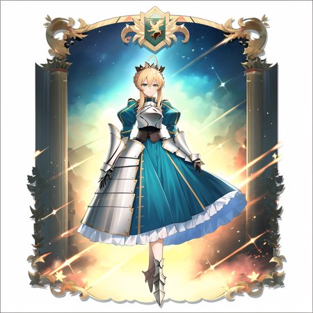 masterpiece, high quality, best quality, absurdres,arknights-style ,1 girl ,full body, artoria pendragon (fate), blonde hair, solo,   armor, armored dress, gauntlets, ahoge, dress, green eyes,  ribbon, looking at viewer, hair ribbon, blue dress, breastplate, puffy sleeves, 
 <lora:arknights-style-000008:0.8>