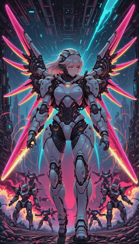 1girl, platinum blonde hair, red cybernetic eyes, armored exosuit, mechanical wings, futuristic soldier, battle scene, explosions, war machines, helmet, energy weapon, science fiction, power armor, dynamic pose, glowing details masterpiece, best quality, amazing quality, very aesthetic, absurdres, detailed eyes, newest, pinkneoncybercore, <lora:PinkieNeonCybercoreIL:1>,