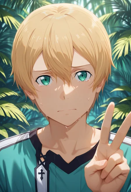 masterpiece, best quality, , (photorealistic:0.6), , 1boy, solo, male focus, <lora:eugeo_sao_ilxl:0.9>, eugeo_sao, blonde hair, green eyes, bangs, hair between eyes, short hair, , asymmetrical, jungle, dawn, v, peace sign, tearing up,