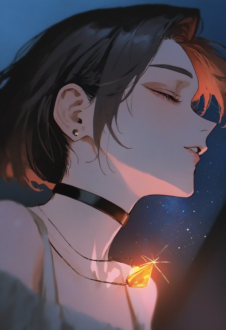 masterpiece, best quality, newest, absurdres, highres, very awa, anime screencap, film grain, painting \(medium\), ambient occlusion, depth of field, simple background, bXVrd, 1girl, solo, jewelry, earrings, choker, closed eyes, floating hair, artist name, collarbone, portrait, glowing, star \(sky\), eyelashes, stud earrings, bare shoulders, closed mouth, necklace, starry sky, short hair, profile, parted lips, moon