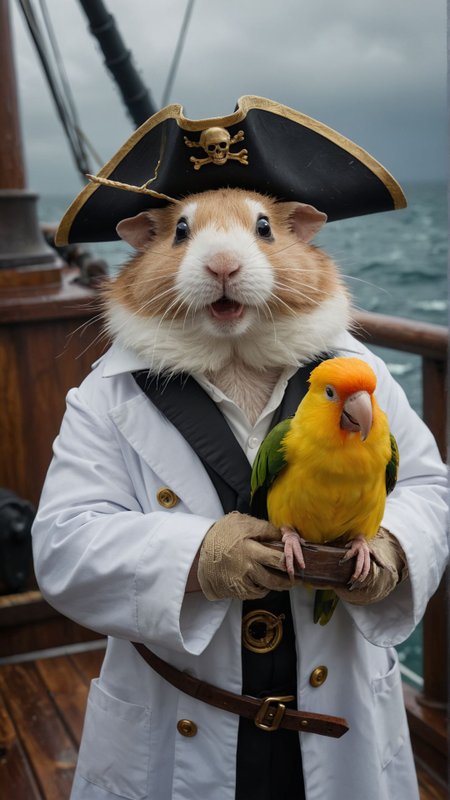 A fierce pirate captain with a tricorne hat and an eyepatch, standing on the deck of a ship during a storm, holding a cutlass, with a parrot on his shoulder A mad scientist hamster in a tiny lab coat, conducting bizarre experiments with miniature beakers and test tubes in a secret lab hidden inside a hamster wheel
Ultra realistic, professional photo, uhd, 8k
<lora:add-detail-xl:1>
<lora:CinematicStyle_v1:0.7>
OverallDetailXL