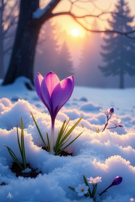 Picture a delicate purple crocus flower pushing through a blanket of glistening snow in a serene open field. The scene is illuminated by the soft glow of twilight, with light cascading in hues of gold and lavender. In the distance, a mystical forest stands shrouded in gentle mist, its towering trees adorned with a faint shimmer of frost. The composition, rendered as a detailed oil painting, captures the quiet magic of natureâs resilience and the promise of spring.âââ