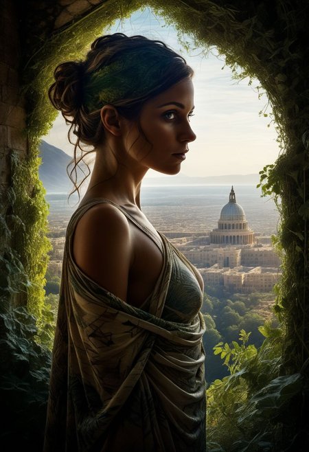 mysterious silhouette beautiful antique woman in a toga, (hanging gardens of babylon), goddess, alluring, by Minjae Lee, Carne Griffiths, Emily Kell, Steve McCurry, Geoffroy Thoorens, Aaron Horkey, Jordan Grimmer, Greg Rutkowski, amazing depth, double exposure, surreal, geometric patterns, intricately detailed, bokeh,  perfect balanced, deep fine borders, artistic photorealism , smooth,  great masterwork by head of prompt engineering   <lora:add-detail-xl:2>  <lora:Double_Exposure:0.5>