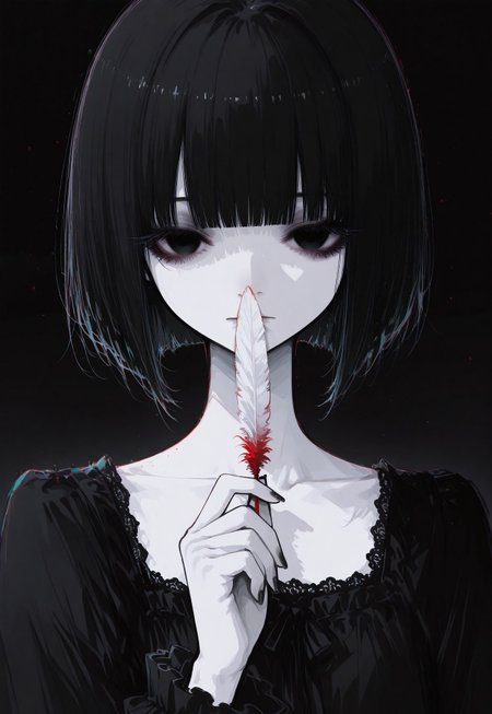 masterpiece,  best quality, good quality, very awa,  very aesthetic, absurdres, newest, oc-chan_(ketopon), 1girl, solo, black hair, bob cut, bangs, black eyes, solid eyes, detailed eyes, glooming eyes, eyelashes, makeup, expressionless, looking at viewer, pale skin, black nail polish, frilled dress, high collard,lace trim, collarbone, holding feather, covering mouth and nose with red feather, black gradient background, dark theme,chromatic aberration, backlighting, straight on, close up, face portrait, limited palette, no lineart, no outline,painterly, minimalism, blending, flat color, 15546+456868, r17329_illu,